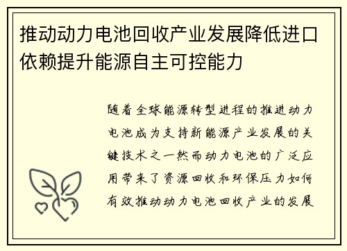 推动动力电池回收产业发展降低进口依赖提升能源自主可控能力