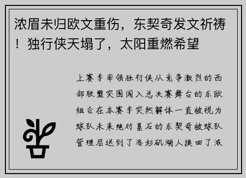 浓眉未归欧文重伤,东契奇发文祈祷!独行侠天塌了,太阳重燃希望