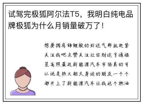 试驾完极狐阿尔法T5，我明白纯电品牌极狐为什么月销量破万了！