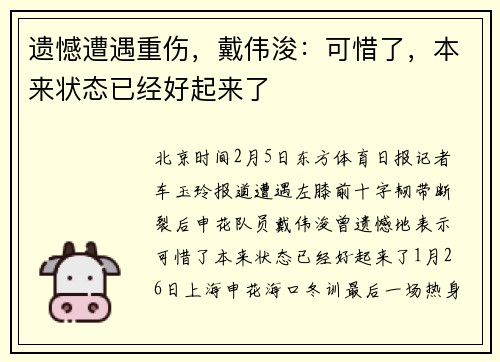 遗憾遭遇重伤,戴伟浚:可惜了,本来状态已经好起来了