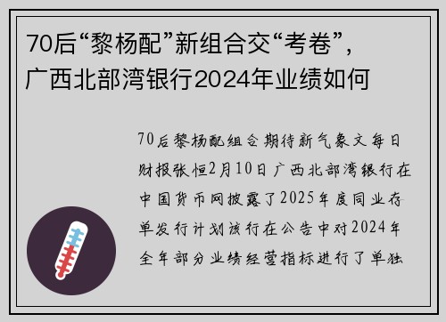 70后“黎杨配”新组合交“考卷”,广西北部湾银行2024年业绩如何