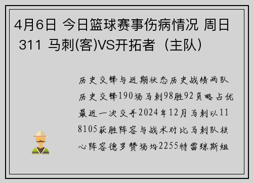 4月6日 今日篮球赛事伤病情况 周日 311 马刺(客)VS开拓者（主队）