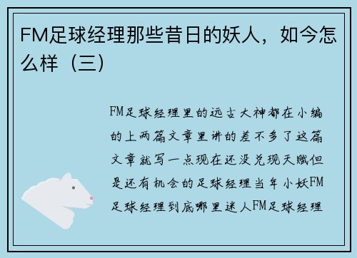 FM足球经理那些昔日的妖人,如今怎么样(三)