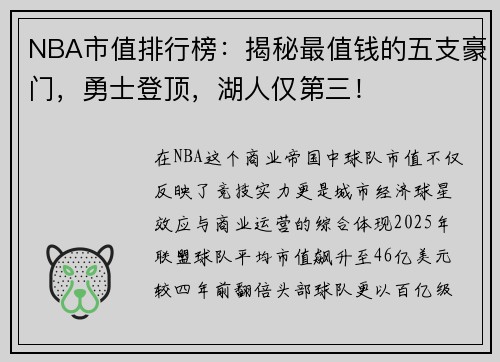NBA市值排行榜：揭秘最值钱的五支豪门，勇士登顶，湖人仅第三！