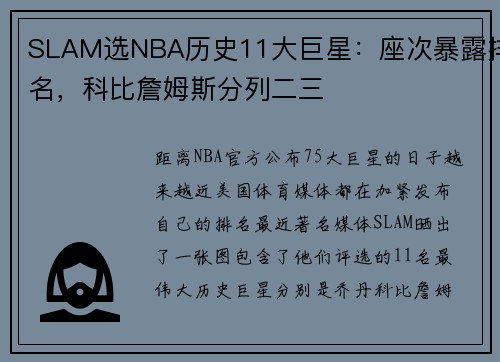 SLAM选NBA历史11大巨星：座次暴露排名，科比詹姆斯分列二三