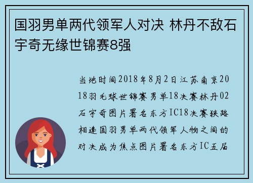 国羽男单两代领军人对决 林丹不敌石宇奇无缘世锦赛8强