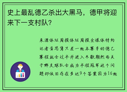 史上最乱德乙杀出大黑马,德甲将迎来下一支村队?