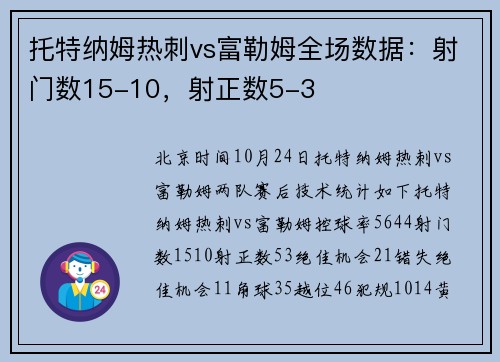 托特纳姆热刺vs富勒姆全场数据:射门数15-10,射正数5-3