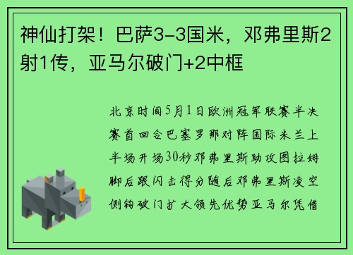 神仙打架！巴萨3-3国米，邓弗里斯2射1传，亚马尔破门+2中框